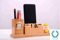 Graceful Wooden 5 In 1 Desk Organizer With Multi Holder - Pen Holders, Calender, Clock, Mobile Holder And Small Ganesh Idol  - Wooden, Ganesh Idol, 1 Piece